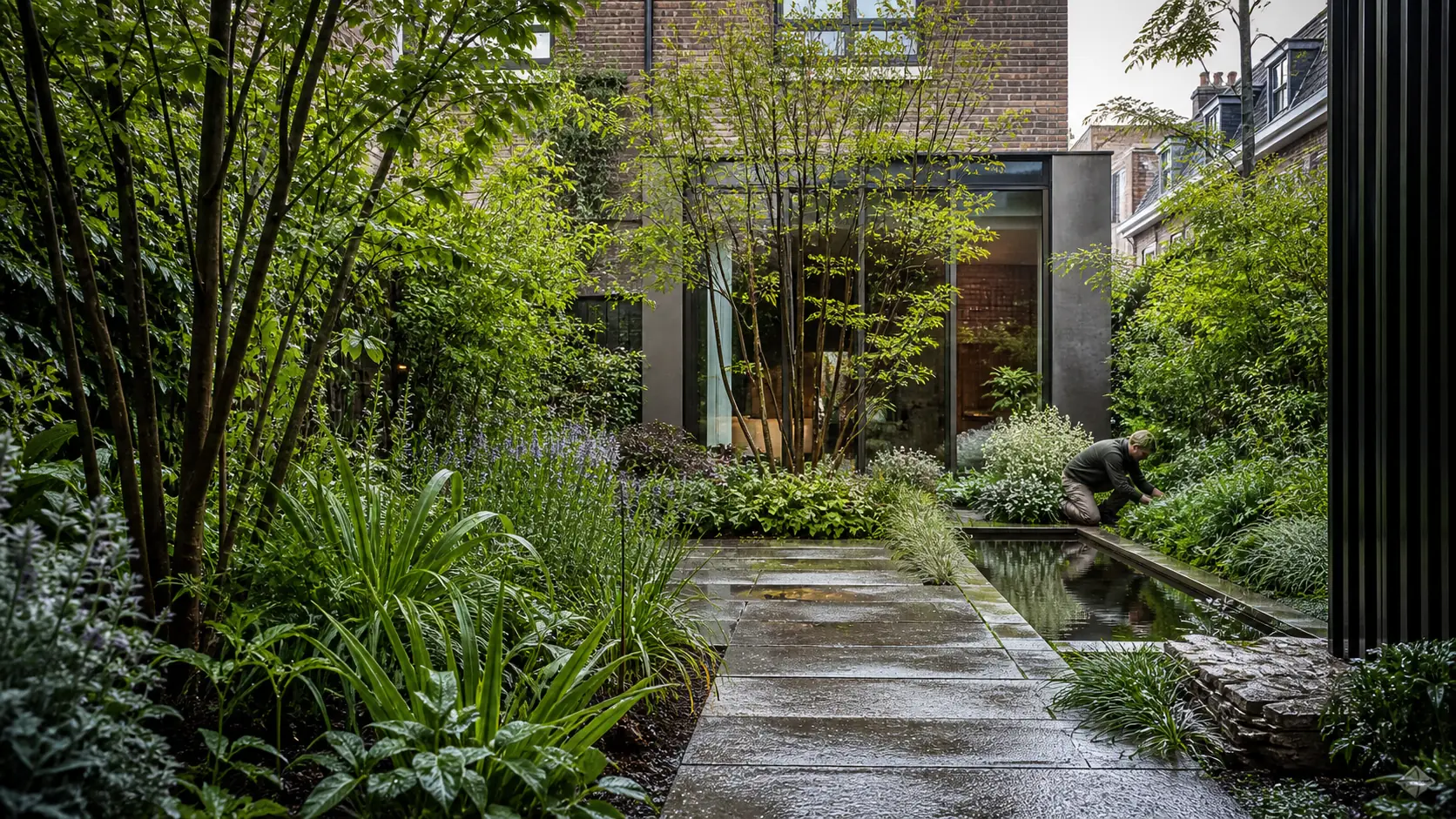 Lush ontworpen stadstuin in Utrecht met natuursteen, water en volwassen beplanting