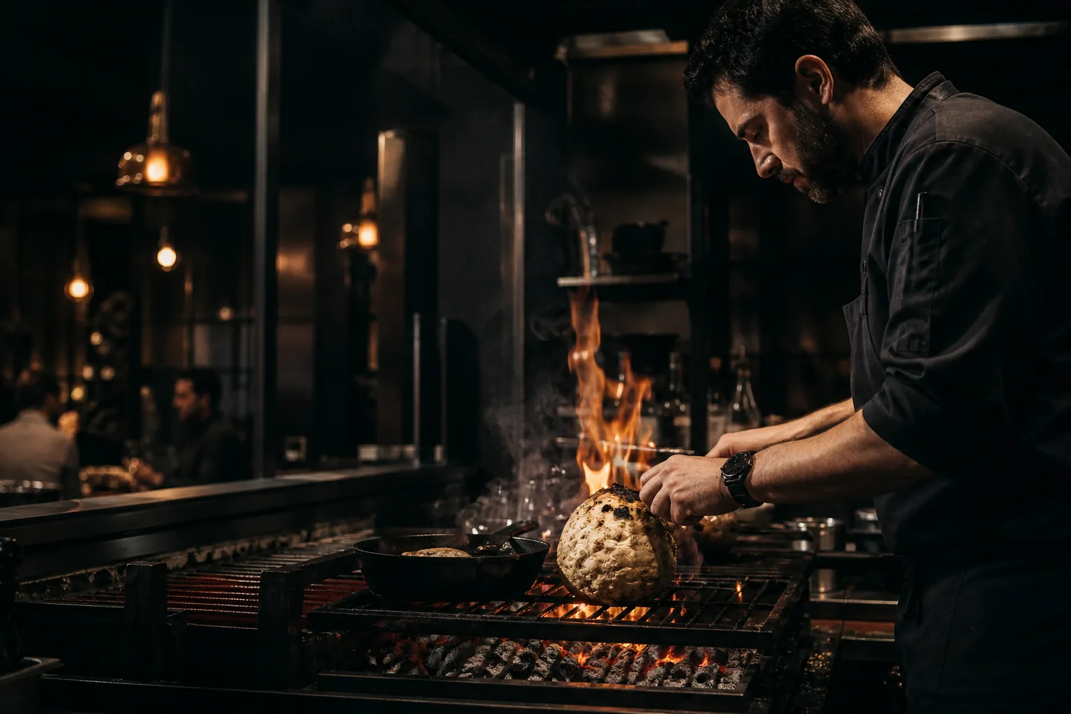 Chef die knolselderij bereidt boven een open houtskoolgrill