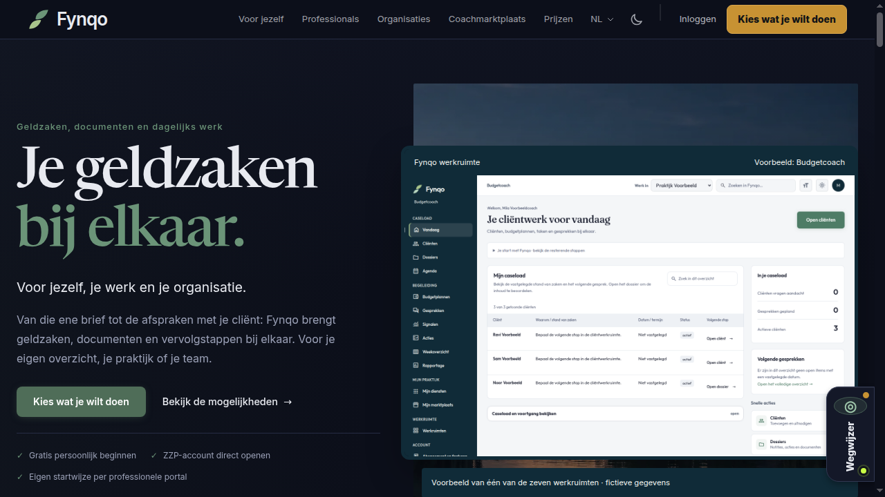 Fynqo homepage met aparte ingangen en een voorbeeld van de budgetcoachomgeving.