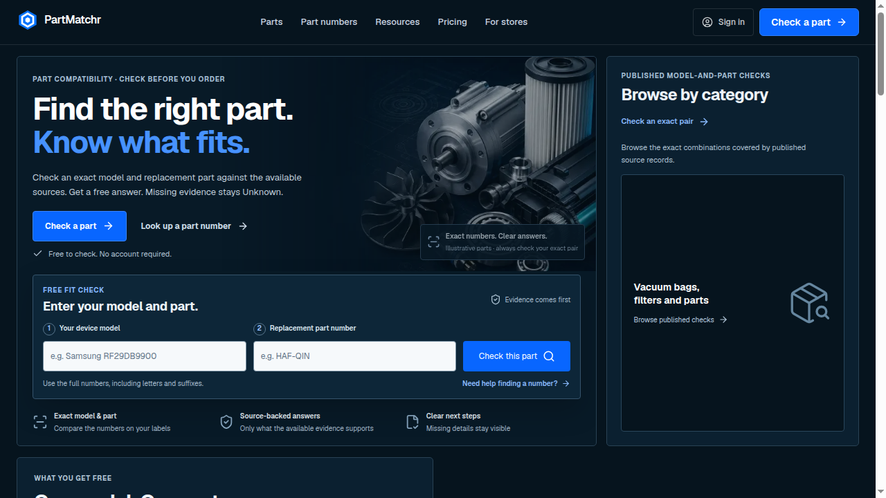 PartMatchr homepage met invoer voor een apparaatmodel en een vervangend onderdeel.
