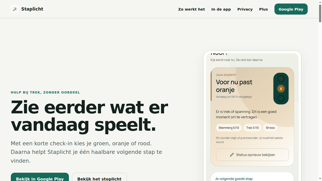 Staplicht homepage met groen, oranje en rood en een voorbeeld van één volgende stap.