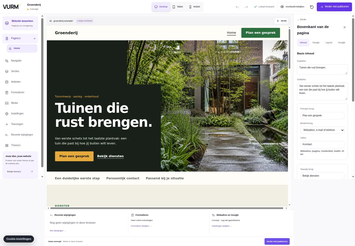 Een startontwerp in de VURM-editor, met de pagina’s en bewerkbare tekst zichtbaar
